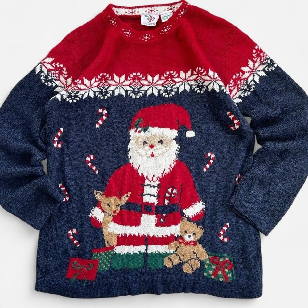 Vintage Nutcracker Red Blue Knit Santa Reindeer Teddy Bear Christmas Sweater